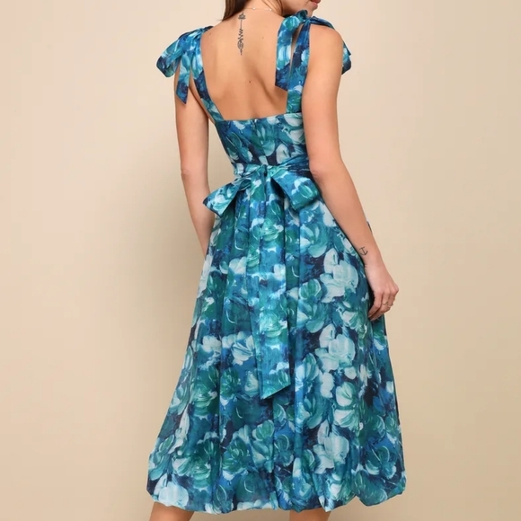 NWT Lulus Flowering Day Dream Teal Blue Floral Organza Midi Dress – Size S - Picture 13 of 15